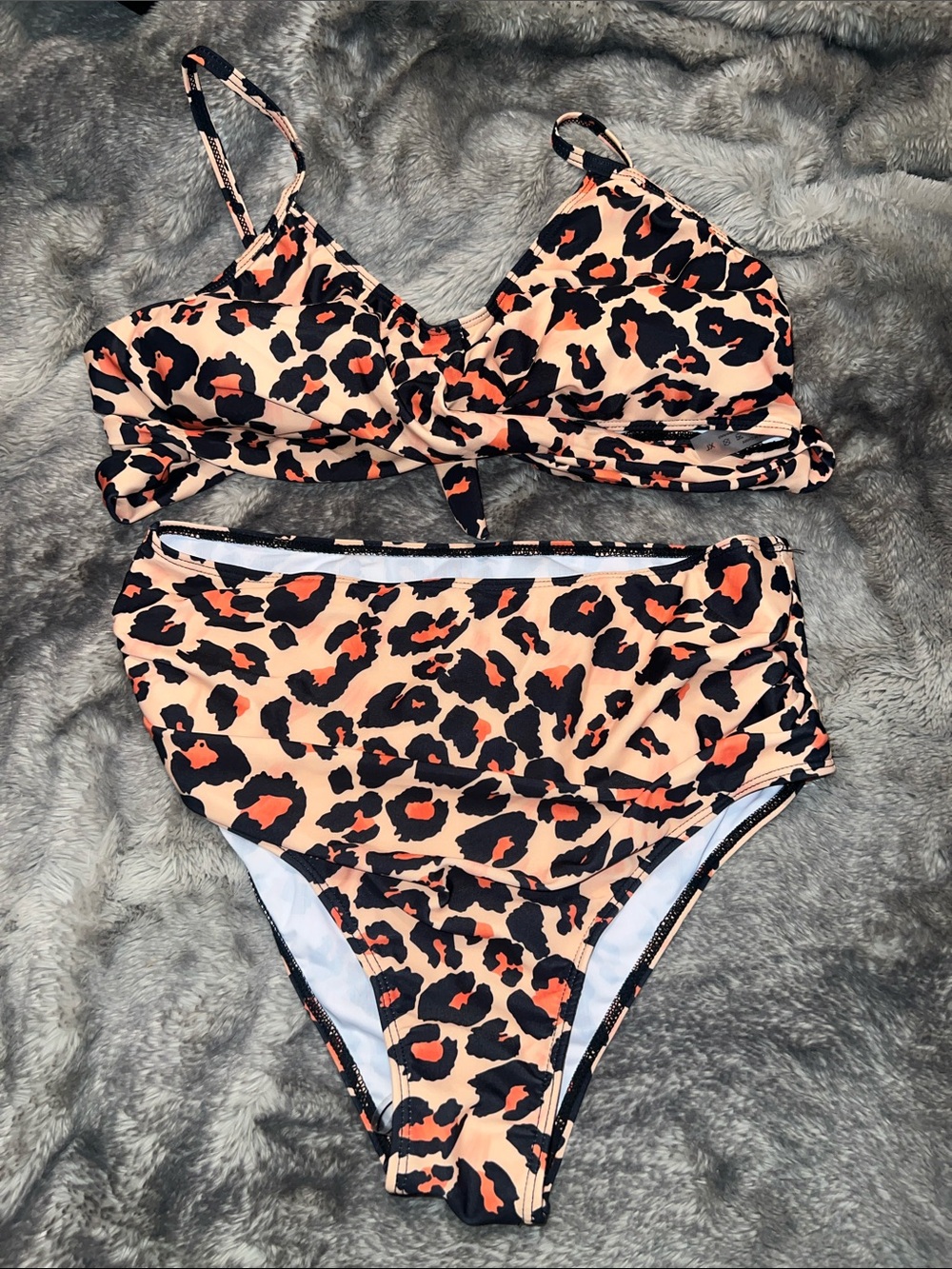 Leopard Print Two-Piece One Piece Swim Set - Peach/Black